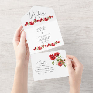 Colourful Red Floral Winter Wedding  All In One In All In One Invitation