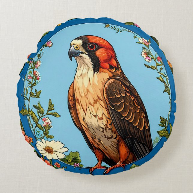 Colourful Red-footed falcon Bird Round Cushion (Front)