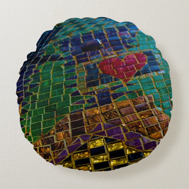 Colourful Red Heart Mosaic Round Cushion (Front)