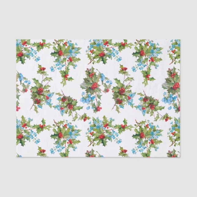Colourful Red Holly and Blue Forget Me Nots Tissue Paper (Front)