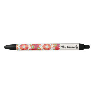 Colourful Red Lotus Floral Flower Personalised Nam Black Ink Pen
