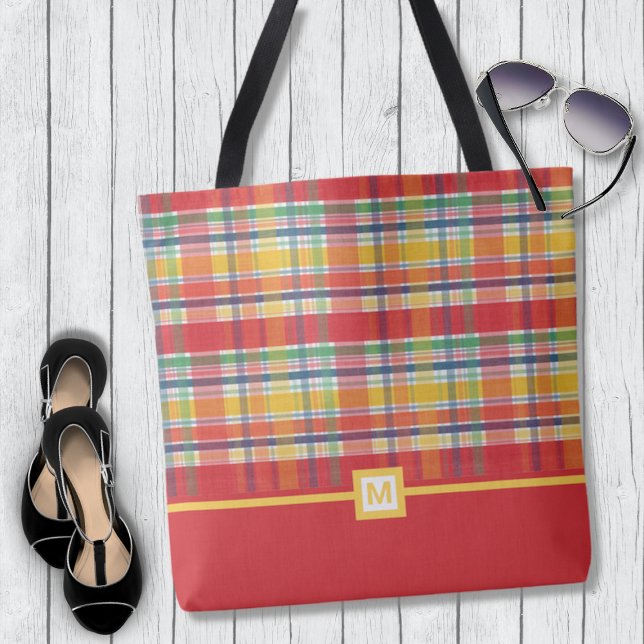 Colourful Red Madras Plaid Monogram Tote Bag (Creator Uploaded)