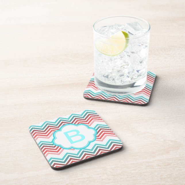 Colourful red, pink, blue, teal chevron zigzag coaster (Right Side)