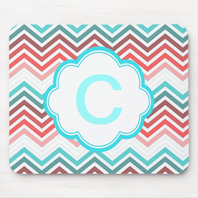 Colourful red, pink, blue, teal chevron zigzag mouse pad (Front)