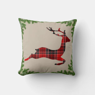 Colourful Red Plaid Reindeer Christmas Holiday Cushion