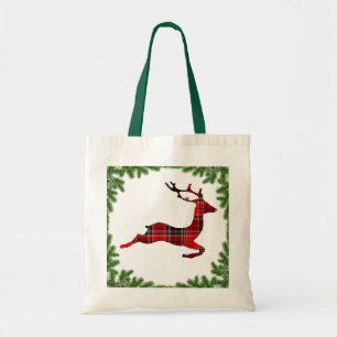 Colourful Red Plaid Reindeer Christmas Holiday Tote Bag