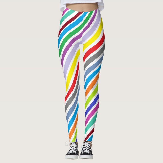 Colourful Red Purple Lime Green Abstract Stripes Leggings (Front)