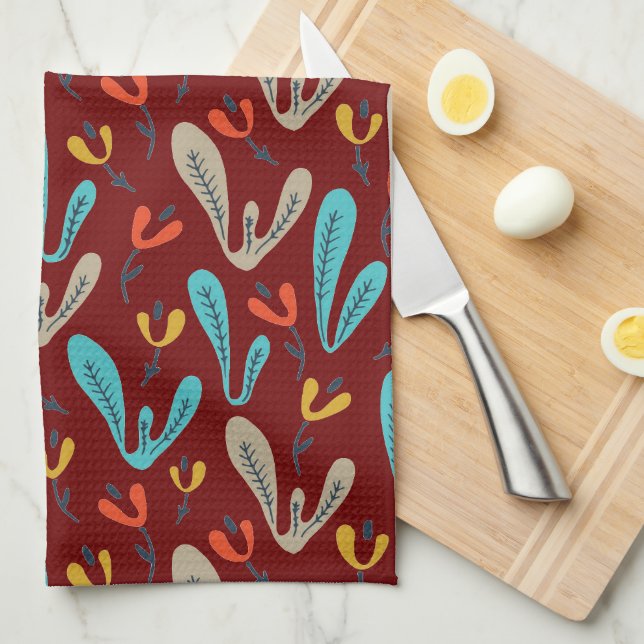 Colourful Red Retro Fall Flowers & Botanical Tea Towel (Quarter Fold)