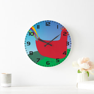 Colourful Red Rooster with Rainbow Tail on Hill  Large Clock