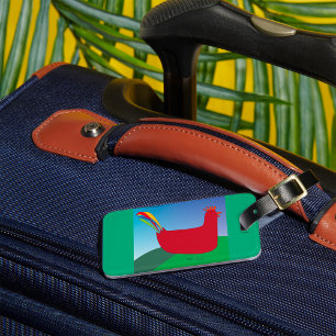 Colourful Red Rooster with Rainbow Tail on Hill Luggage Tag