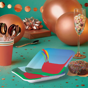 Colourful Red Rooster with Rainbow Tail on Hill  Paper Plate