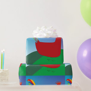 Colourful Red Rooster with Rainbow Tail on Hill  Wrapping Paper