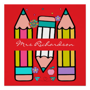 Colourful Red Teacher Cartoon Pencil  Poster