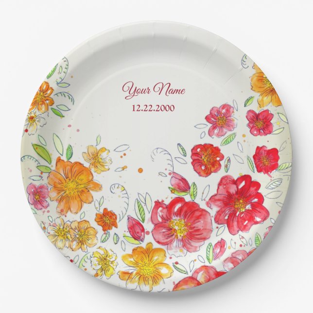 Colourful Red Yellow Pink Floral Wedding Party Paper Plate (Front)