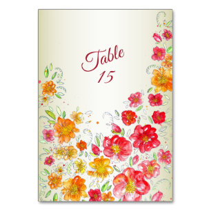 Colourful Red Yellow Pink Floral Wedding Party  Table Number