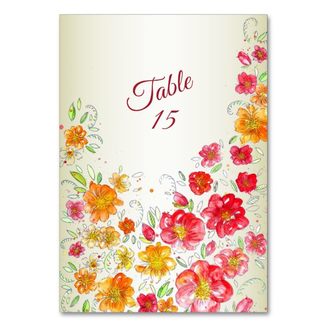 Colourful Red Yellow Pink Floral Wedding Party  Table Number (Front)
