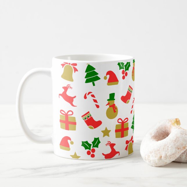 Colourful Reindeer Christmas Tree Festive Holiday Coffee Mug (With Donut)