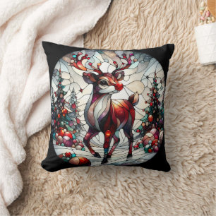 Colourful reindeer in a whimsical winter forest cushion
