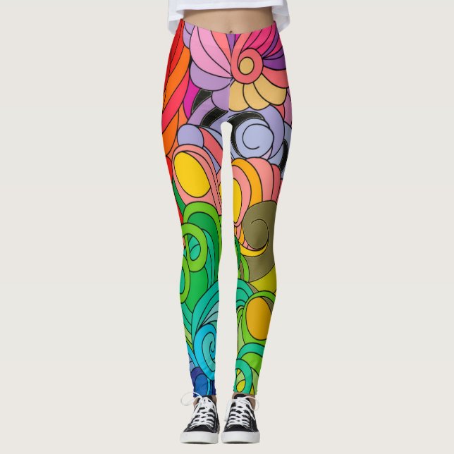 Colourful Retro 1960s Flower Power Leggings (Front)