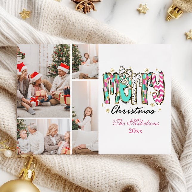 Colourful Retro 4 Photo  Merry Christmas Holiday Card (Creator Uploaded)