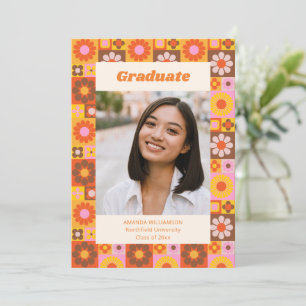 Colourful Retro 70s Floral Graduation Party Photo Invitation