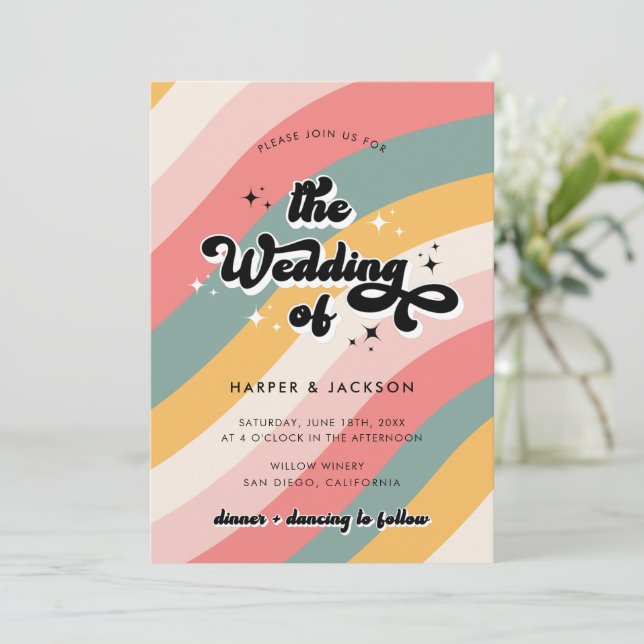 Colourful Retro 70s  Wedding  Invitation (Standing Front)