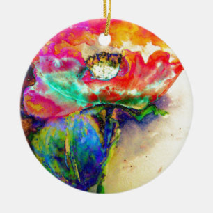 Colourful retro Abstract Poppy watercolor  Ceramic Ornament