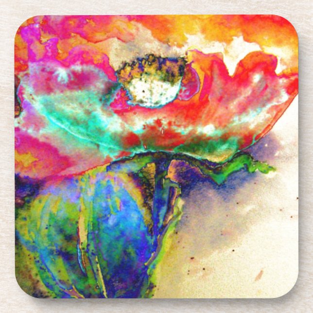 Colourful retro Abstract Poppy watercolor  Coaster (Front)