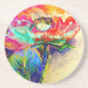 Colourful retro Abstract Poppy watercolor  Coaster
