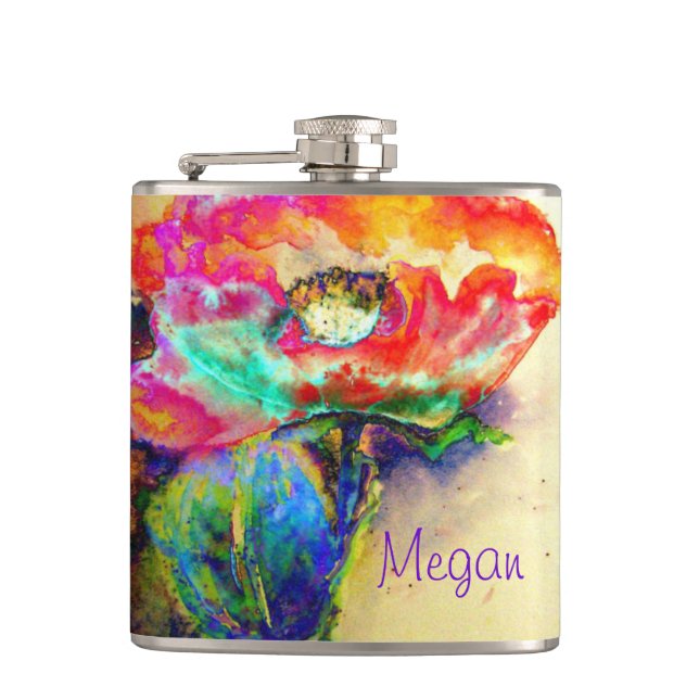 Colourful retro Abstract Poppy watercolor  Hip Flask (Front)