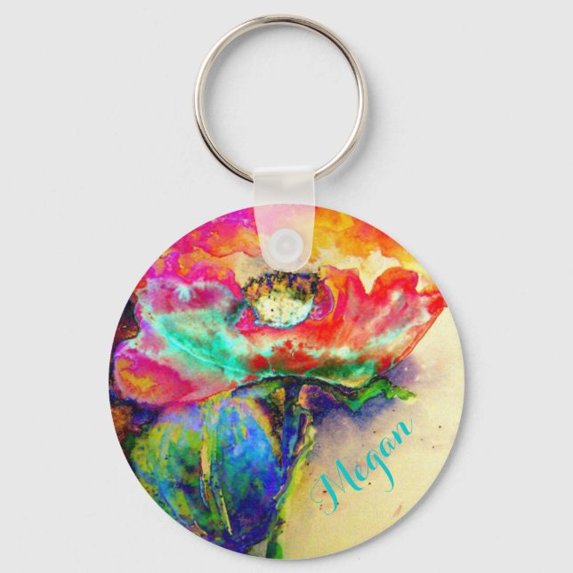 Colourful retro Abstract Poppy watercolor  Key Ring (Front)