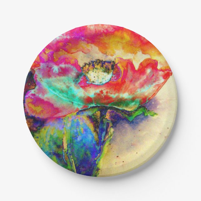 Colourful retro Abstract Poppy watercolor  Paper Plate (Front)