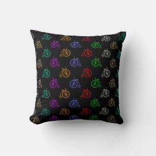 Colourful Retro Bicycle - Pattern on Black  Cushion