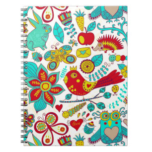 Colourful Retro Birds Flowers & Bunny Rabbits Notebook