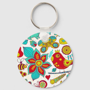 Colourful Retro Birds Flowers Pattern Key Ring