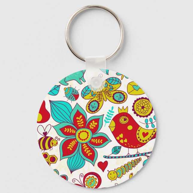 Colourful Retro Birds Flowers Pattern Key Ring (Front)
