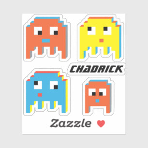 Colourful retro block style gaming aliens and name