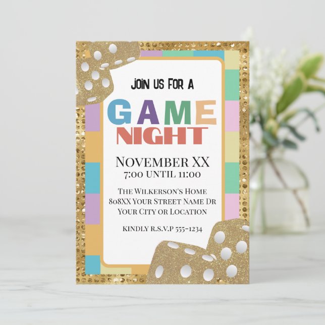 Colourful Retro Board Game Night Gold Dice Invitation (Standing Front)