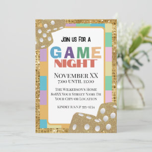 Colourful Retro Board Game Night Gold Dice Invitation