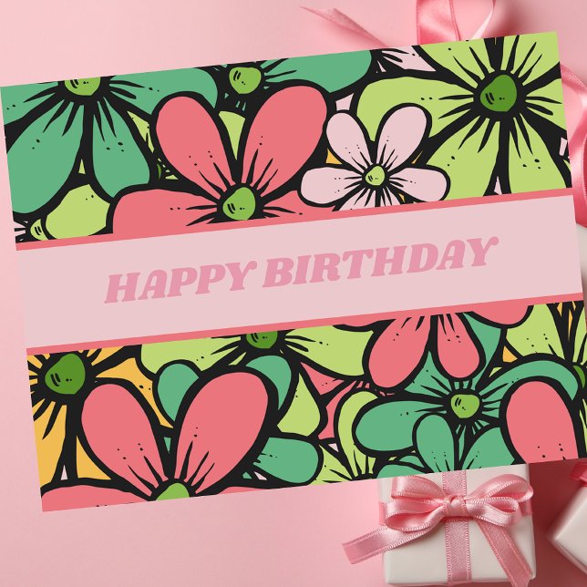 Colourful Retro Boho Floral Happy Birthday Postcard (Creator Uploaded)