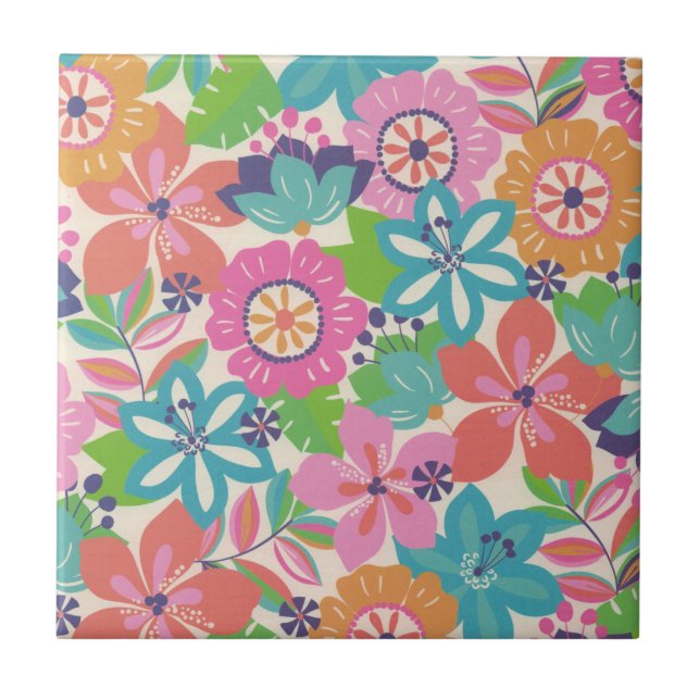 Colourful Retro Boho Girly Flower Hippie  Ceramic Tile (Front)