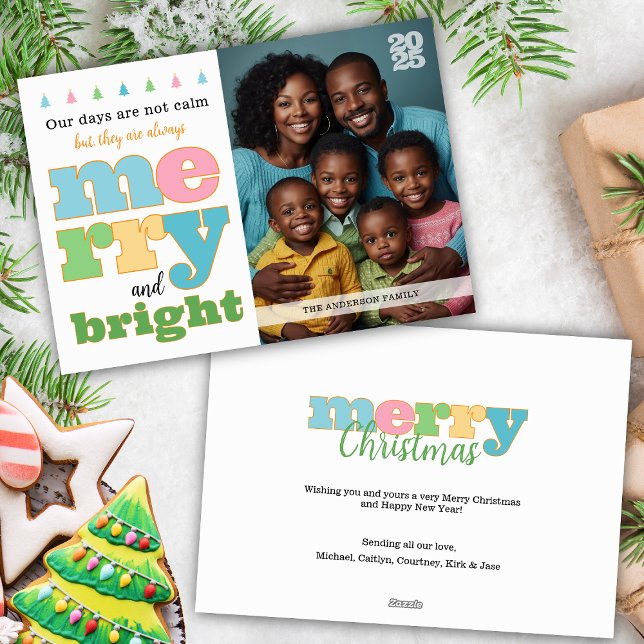 Colourful Retro Bold Typography Merry and Bright Holiday Card (colorful merry and bright holiday card with retro bold typography for funny family name messages)