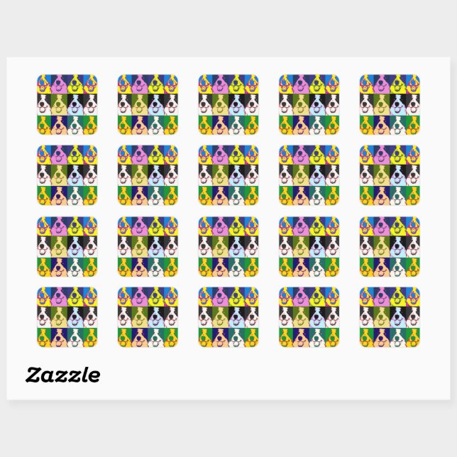 Colourful Retro Border Collie Pop Art Square Sticker (Sheet)