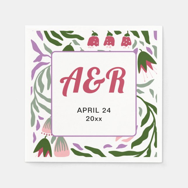 Colourful retro branches with flowers wedding napkin (Front)