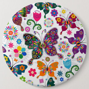 Colourful Retro Butterflies And Flowers Pattern 6 Cm Round Badge
