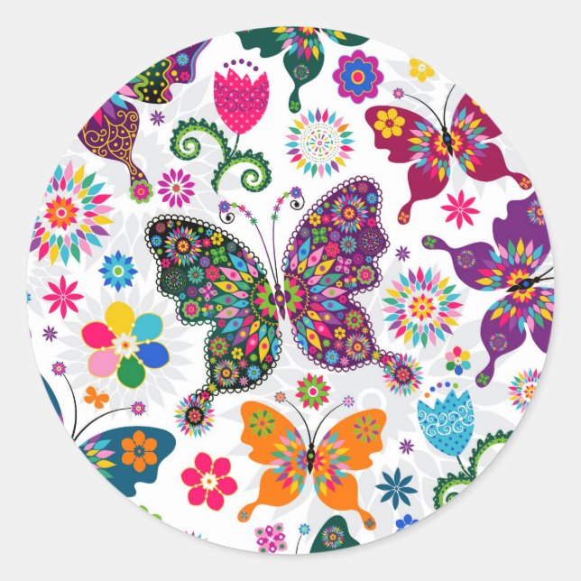 Colourful Retro Butterflies And Flowers Pattern Classic Round Sticker (Front)