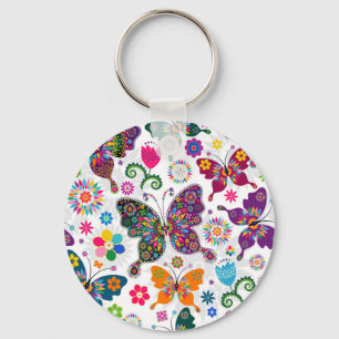 Colourful Retro Butterflies And Flowers Pattern Key Ring