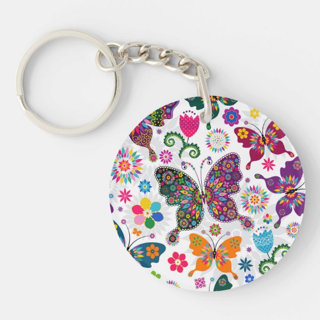 Colourful Retro Butterflies And Flowers Pattern Key Ring (Front)