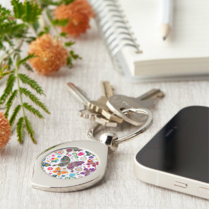 Colourful Retro Butterflies And Flowers Pattern Key Ring
