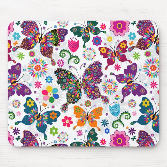 Colourful Retro Butterflies And Flowers Pattern Mouse Pad (Front)